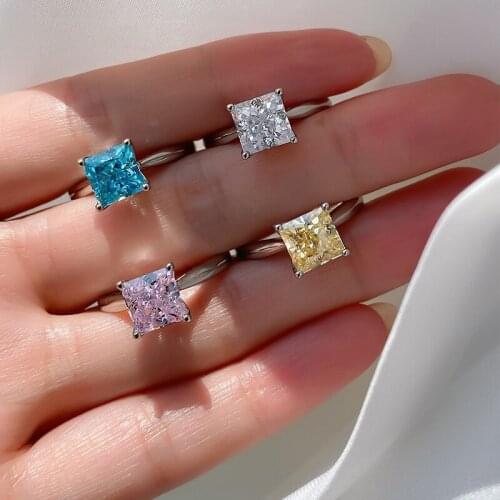 S925 All-Body Silver High Carbon Diamond Radiant Cut Color Princess Square Ring Main Stone 1.5ct Main Stone 7*7mm