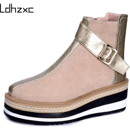 LDHZXC 2020 Cow Suede Leather Women Ankle Boots Warm Autumn Winter Riding Boots Platforms Shoes Woman High Heels Female Shoes