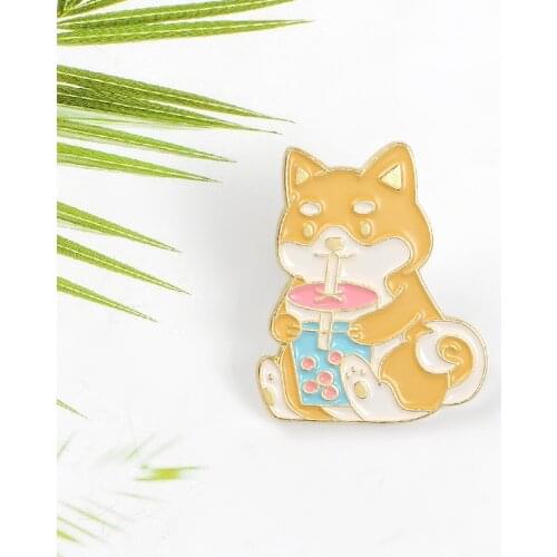 Fashionable and Interesting Personality Shiba Inu Drinking Milk Tea Brooch Creative Student Cartoon Animal Backpack Shirt Badge