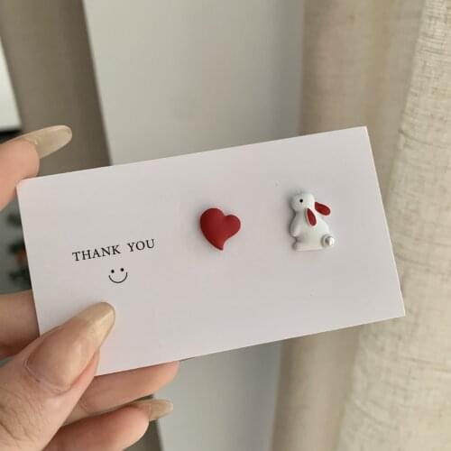 S925 Fashion Fun Cute White Rabbit Earrings Sweet Girl Love Animal Asymmetric Earrings Small Earrings Ear Clips