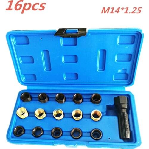 16pcs 14mm Spark Plug Rethread Kit Reamer Tap Thread Repair M14x1.25 Cylinder Head Heli-coil Car Spark Plug Rethread Kit
