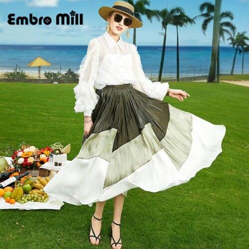 New Spring Elegant Lady 2-Piece Set Beading +Ruched Design Silk Shirt Top + High Waist Skirt S-XL