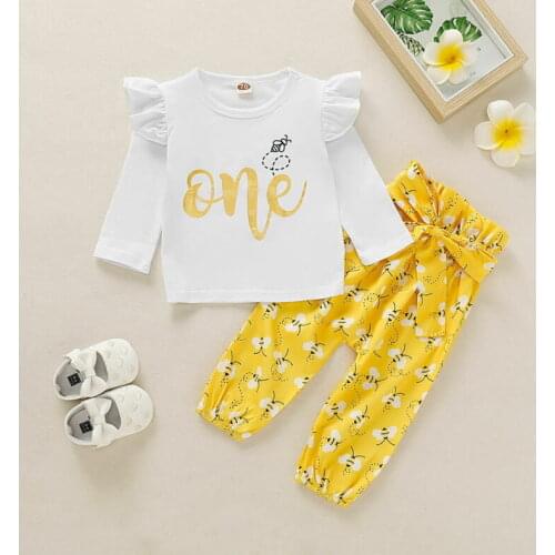 First Birthday Newborn Baby Girl Autumn Clothes Tops Ruffle Long Sleeve T-shirt+Pants Outfits Cotton Set