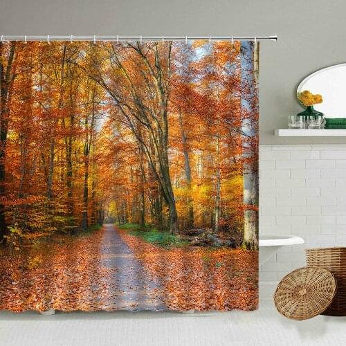 Autumn Forest Scenery Shower Curtain Maple Trees Road Path Park Landscape With Hook Hanging Waterproof Cloth Curtains Home Decor