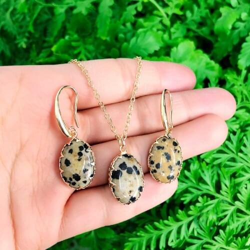 KOMI Oval Shaped Speckled Stone Topazs Aventurine Chain Necklace Pendant Dangle Earrings Jewelry Set For Woman Gift