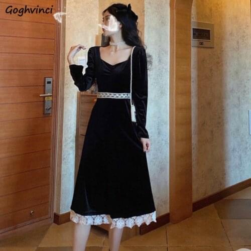 Dresses Womens Autumn V-neck Mid-calf Lace Patchwork Black A-line Korean Style Elegant Comfortable Vintage French Simple Chic