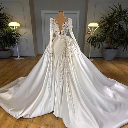 Luxury African Satin Mermaid Wedding Dresses With Detachable Train Long Sleeves Crystals Beads Bridal Gowns Custom Made 2021