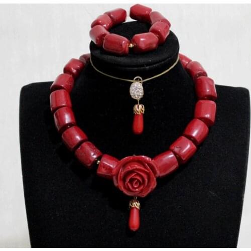 Dudo Fantastic Nigerian Traditional Beads Red Wine 15mm Original Coral Beads Jewelry Set With Flower Choker Nigerian Wedding