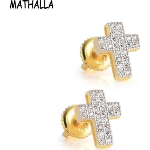 MATHALLA Cubic Zirconia Sparkling Cross Earrings Gold Silver Copper Material Earrings Men Women Hip-Hop Rock Jewelry