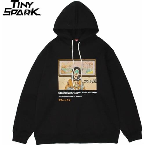 Hip Hop Sweatshirt Streetwear Hoodie Cartoon Boy Japanese Kanji Print Pullover 2021 Men Autumn Harajuku Cotton Hooded Hoodie