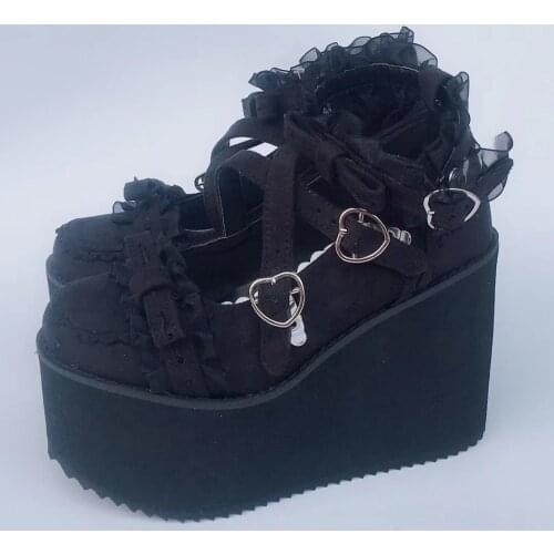12cm Wedge Heel Flock Sweet Lolita High Platform Shoes Lace Ankle Strap Princess Girls Shoes Custom Tailor Available