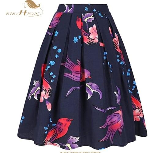 Women Retro Vintage Birds Printed Floral Skirt SS0012 High Waist Cotton Flared Fashion Pleated Skirts With Pockets