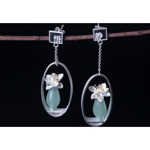 VLA 925 Sterling Silver Creative National Style Design Aventurine Lotus Vase Earrings Womens Jade Jewelry Wholesale