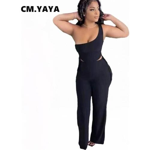 CM.YAYA Women Set Solid One Shoulder Sleeveless Skew Collar Crop Tops Wide Leg Pants Two Piece Sets Sexy Tracksuit Summer Outfit