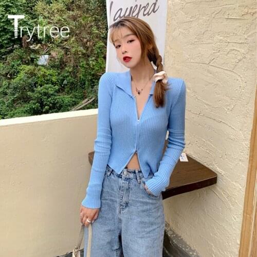 Trytree 2020 Spring Women Casual Sweater Turn-down Collar Fashion Slim fit 5 Color Zipper Sexy All-Purpose Style Sweater Tops