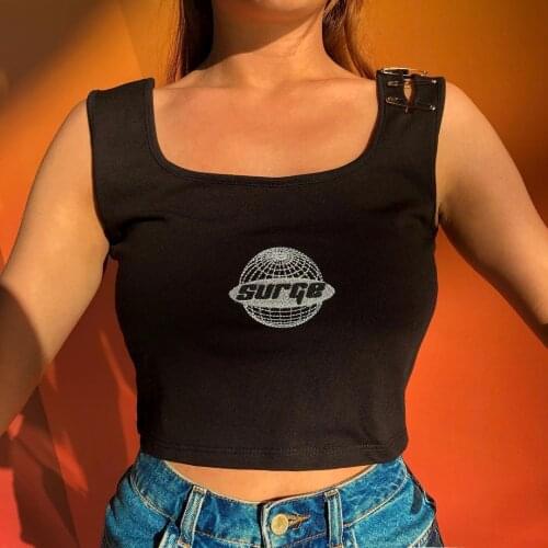Women Crop Top Sexy Tank T-Shirt " Surge Wild World " Embriodry Black Strappy Sleeveless 2020 Summer Spring Fashion Blouse