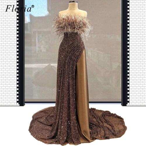 Simple Turkish Sequins Prom Dress 2020 Long Mermaid Feathers Cocktail dresses Sukienka Wieczorowa Women Special Occasion Gowns