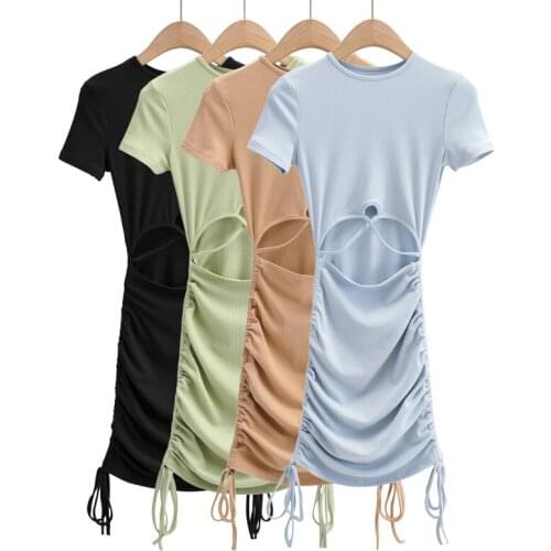 2021 Summer New Arrival Women Solid Colour Hollow Out Drawstring Elastic Waist Knitted Mini Dress