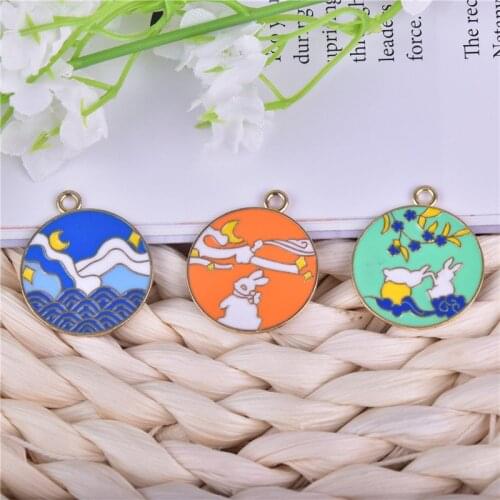 10pcs Round Moon Rabbit Art Enamel Charms Pendant for Earring DIY Colorful Charms for Bracelets