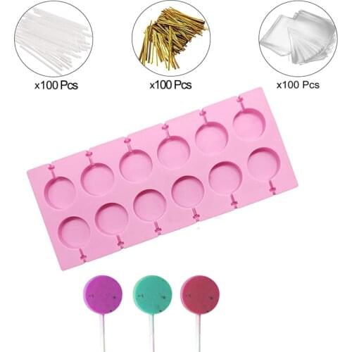 12-holes Lollipop Mold with Paper Sticks Hard Candy Silicone Chocolate Cakepop Round Maker Mould Shapes Cake Decorating Tools