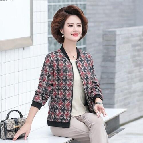 2021 Womens Printed Jacket Autumn New Long Sleeve Loose Coats Middle-aged Women Casual Zipper Short Outerwear Plus Size W512