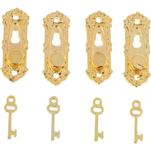 4 set Metal Vintage Dollhouse Miniature Door Mini Pull Handles Locks with Key 1/12 Scale Furniture Accessories Kids Toys
