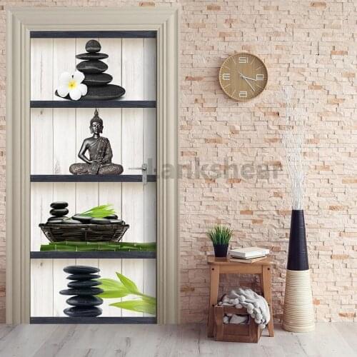 Home Decor DIY Door Sticker Buddha Flower Stone Self Adhesive Decal Paper For Living Room PVC Waterproof 3D Print Sticker Art