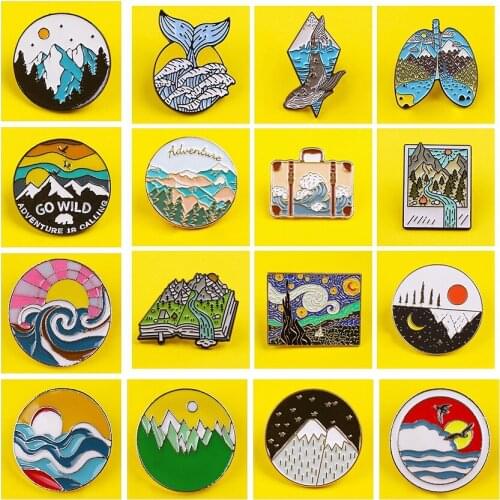 Prajna Mountain Adventure Enamel Pins Hiking Travel Brooches Collection Wave Outdoor Camping Explore Nature Badges for Backpack