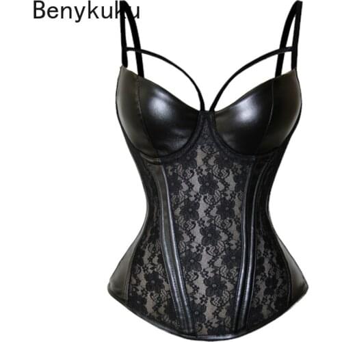 Sexy Lace Overbust Bustier Women Black Fashion Corsets for Women Push Up Gothic Faux Leather Corselet Erotic Lingerie Plus Size