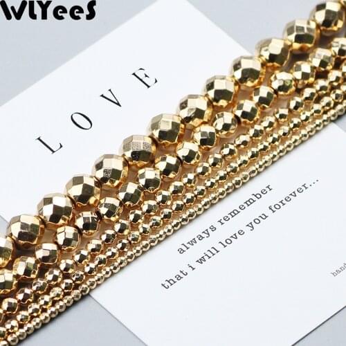 WLYeeS Faceted Round Hematite beads 14 Gold plating natural stone 2 4 6 8 10mm charm Loose Beads for Jewelry Bracelet Making DIY