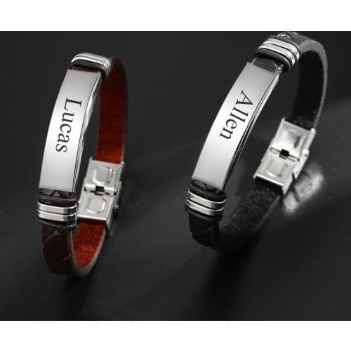 Lemegeton Personalized Custom Engrave Family Names Bracelet Men Layered Leather With Beads Bracelets Anniversary Gift to DAD