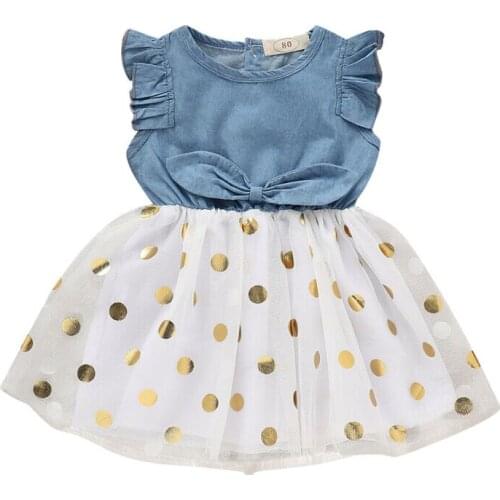 Summer Toddler Baby Girls Sleeveless Bow Dress Princess Baby Kids Dot Tulle Denim Voile Dresses 1-6Y
