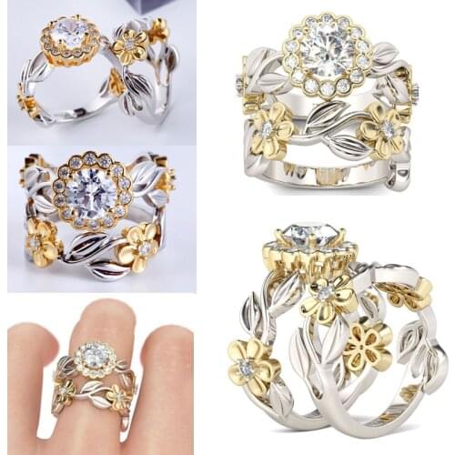 2 Pcs/Set Luxury Two-tone Flower Floral Leaves Inlaid Crystal Rhinestone Zircon Metal Ring Set for Women Party Jewelry