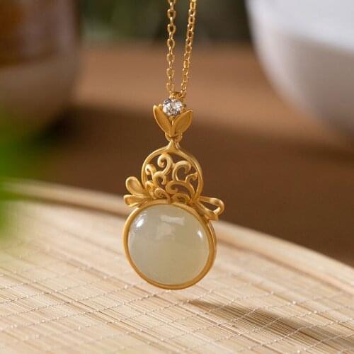 Original S925 Sterling Silver Gold Plated Hotian Jade Pendant Antique Chinese Style Creative Hollow Pattern Ornament