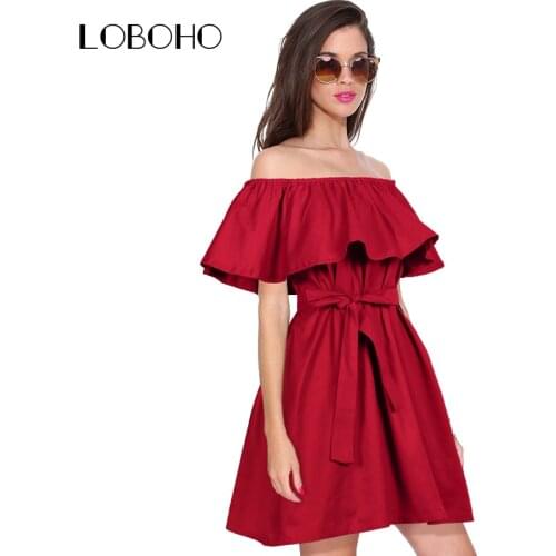 Ruffle Off Shoulder Dress Casual Women Summer Dresses With Bow Belt 2018 New Fashion Loose Womens Dress Red Green Black Purple