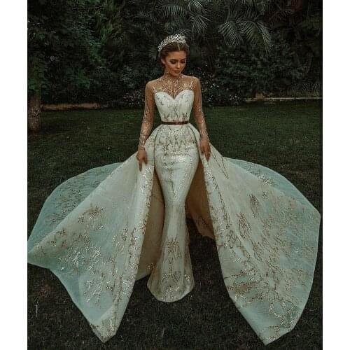Saudi Arabic Sequins Wedding Dresses with Detachable Train Lace Sheer Long Sleeve Bridal Gowns Luxurious Vintage Robes De Mariée
