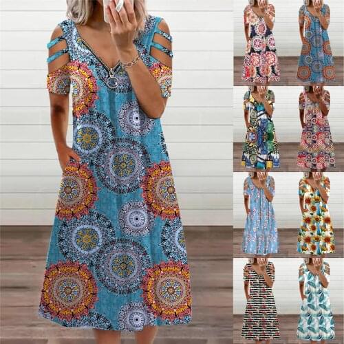 Sexy Intellectual Ladies Long Dress Vintage Personality Print V-neck Zipper Short-sleeved Off-the-shoulder Loose Pullover Dress