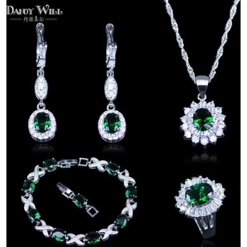 Silver Color Jewelry Sets Green Zircon White CZ Docoration For Women Weeding Earrings Pendant Rings Bracelet Necklace
