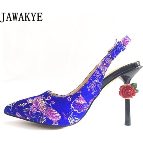 Rose Flower Heels Pumps Women Embroidered Pointy Toe Slingbacks High Heels Stilettos Elegant Floral Pattern Party Wedding Shoes