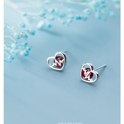 MODIAN Romantic Valentines Gift Fashion 925 Sterling Silver Red Crystal Hearts Stud Earring for Women Fine Jewelry Accessories