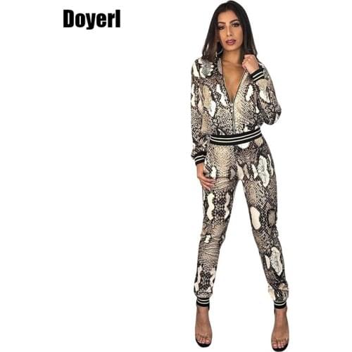 Snake Print Casual Two Piece Sets Women Clothing Long Sleeve Crop Top Jacket and Pants Tracksuit Women Two Piece Outfits 2020