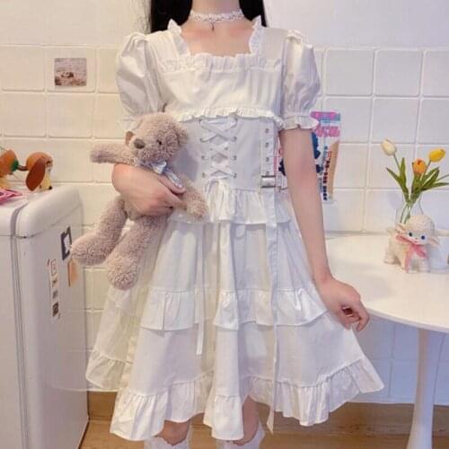Lovely Lolita Style Lolita Gothic Women Dresses Lace White Black Girl Puff Sleeve Dresses