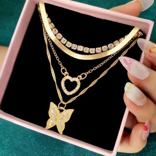 Flatfoosie Vintage Heart Butterfly Rhinestone Pendant Necklace for Women Multi-layer Simple Snake Chain Necklaces Boho Jewelry