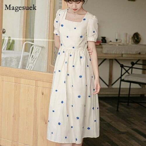 2021 Summer Elegant Sweet New Women Dress Plus Size Floral Square Collar Dress French Embroidery Slim Midi Dress Vestidos 15172
