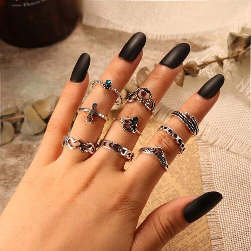 9Pcs Stone Carve Vintage Aesthetic Womens Ring Midi Stackable Kunckle Grudge Rings Heart Leaf Bohemia Woman 2021 Trend Jewelry