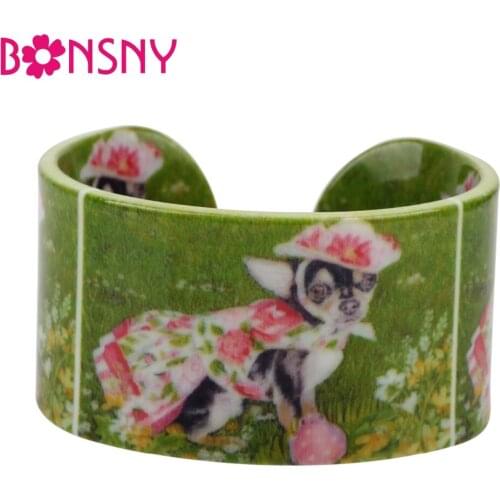 Bonsny Acrylic Chihuahua Dog Pattern Love Wide Bracelets Bangles Jewelry For Women New 2017 Charm Spring Summer Girl Accessories