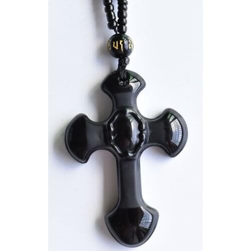 1pcs Natural Black Obsidian Carved Cross Lucky pendant necklace for woman man Hand carved Pendants Jewelry free shipping