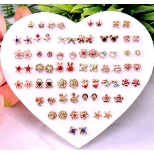 36 Pairs Mix Style Anti Allergy Girls Child ear rings Fashion Rhinestone Color Crystal Flower Stud Earrings Jewelry Gift
