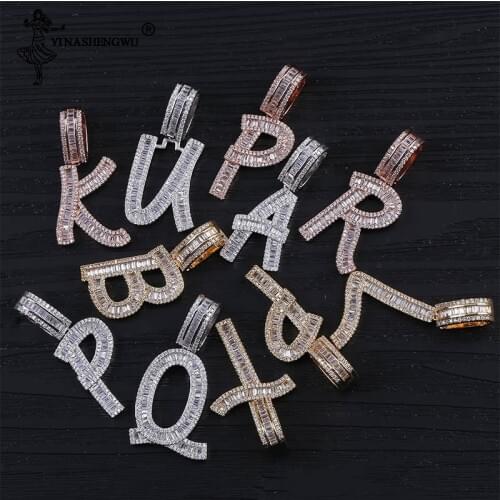 Custom A-Z Gold Baguette Initials Letters Hip Hop Pendant Bling Zirconia Mens Women Necklace Chain Rock Jewelry 4.8*2 CM Gifts