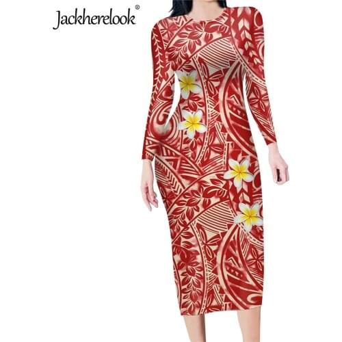 Jackherelook Polynesian Tribal Hibiscus Plumeria Brand Design Dresses For Womens Casual Vintage Long Sleeve Bodycon Pencil Dress